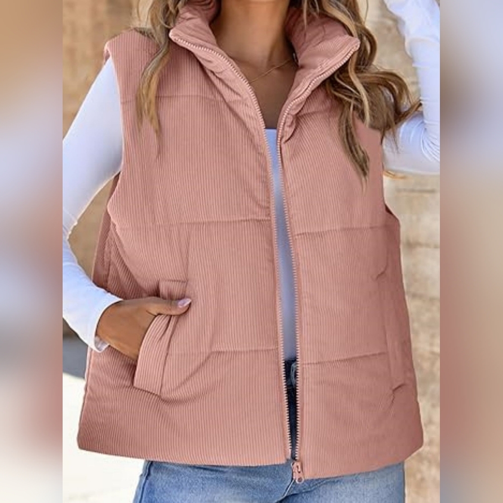 Pink Quilted Corduroy Puffer Vest For Women - Picture 4 of 7